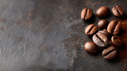 Coffee Beans and Grounds: Rich, dark roasted coffee beans and finely ground coffee powder rest on a dark textured surface, suggesting the aroma and taste of freshly brewed coffee. 