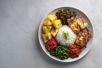 Delicious Platter: A beautifully arranged platter of various foods, featuring perfectly grilled fish, fluffy rice, potatoes and fresh vegetables. It's a culinary delight!