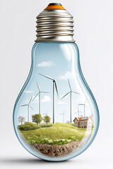 Green Energy Concept in Light Bulb: Inside a light bulb, a miniature, vibrant landscape of rolling green hills and wind turbines comes alive.