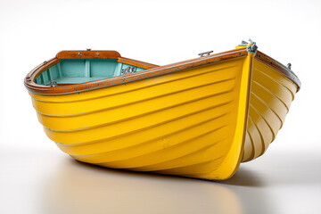 Yellow Rowboat on Shore: A vibrant, detailed view of a classic yellow rowboat, ready for a tranquil journey across the water, showcasing its beautiful craftsmanship and inviting appeal.
