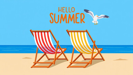 Beach chairs and umbrellas with beach ball, hello summer season, 3d rendering