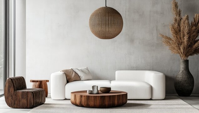 Modern minimalist living room with natural elements