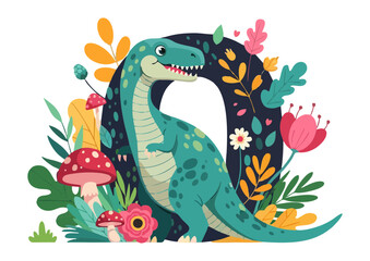 Fototapeta premium Colorful dinosaur and letter O design with flowers and mushrooms on transparent background copy space 