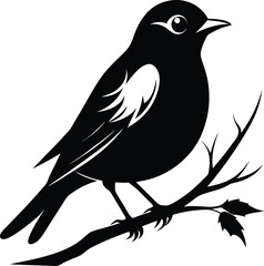 Fototapeta premium Black and White Bird Illustration: Songbird on Branch, Vector Graphic, Nature Art