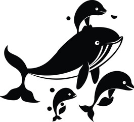 Obraz premium Black and White Whale Family Graphic: Cute Cartoon Whales and Dolphins Illustration