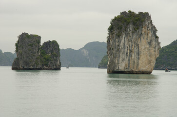 Naklejka premium Limestone cliffs in Lan Ha Bay. Cat Ba Archipelago. Vietnam.