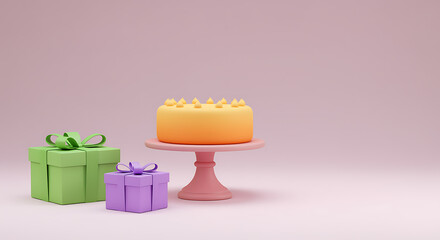 Colorful birthday cake and gift boxes on a pink background celebrating special occasions