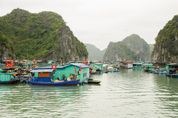 February 25, 2024, Lan Ha Bay: Floating fishing village. Cat Ba Archipelago. Vietnam.