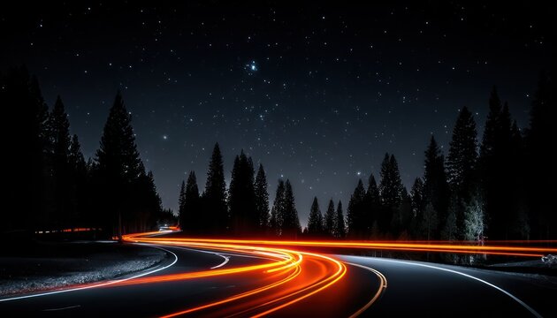 Night road winding through a forest under a starry sky