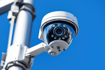 Close-up of a modern CCTV dome security camera mounted on a pole against a clear blue sky