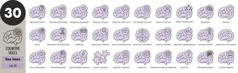 Cognitive skills - thin line icons set, purple fill. Visual processing, logical thinking, creativity, decision-making, curiosity, time management, analytical thinking, reasoning, vector illustration