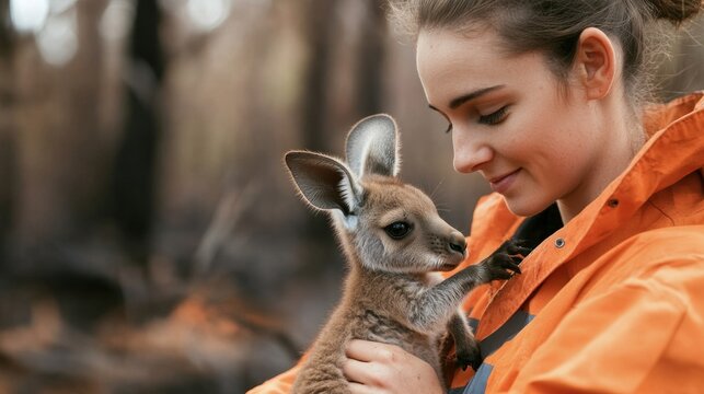 Woman Rescuing a Cute Baby Kangaroo in the Wild