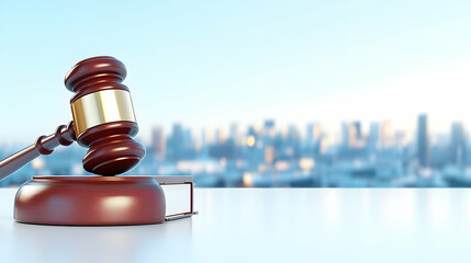 Judicial gavel, book and scales of justice on the background of the urban landscape. Based on Generative AI