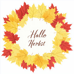 Hallo Herbst (Hello Autumn) text inside a wreath of yellow and red maple leaves