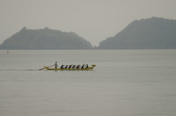 February 26, 2024, Lan Ha Bay: Rowing boat training. Cat Ba Archipelago. Vietnam.