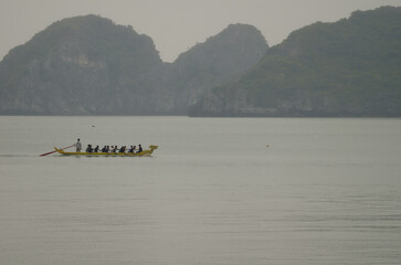 February 26, 2024, Lan Ha Bay: Rowing boat training. Cat Ba Archipelago. Vietnam.