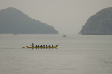 February 26, 2024, Lan Ha Bay: Rowing boat training. Cat Ba Archipelago. Vietnam.