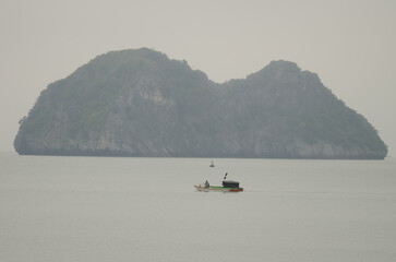 Fishing boat and limestone cliff. Lan Ha Bay. Cat Ba Archipelago. Vietnam.