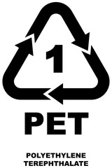 Recycling code icon, the number one inside bold triangular recycling symbol with arrows, "PET" plastic recycling symbol indicating the "Polyethylene Terephthalate" material.