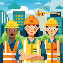Workers Wearing Hard Hats and Safety Vests at a Busy Construction Site – Safety and Teamwork Illustration
