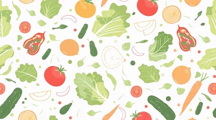  A flat vector pattern with simple illustrations of vegetables and fruits, on a white background, in bright colors, suitable for a children's art project or digital paper design. 