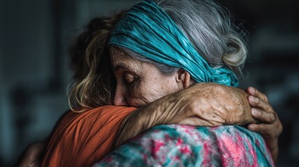 A compassionate nurse embraces an elderly patient in a hospital setting, offering comfort and care.