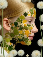 Nature-inspired portrait of girl with blooming flowers and moss on face, surrounded by dandelions—symbol of harmony and organic beauty