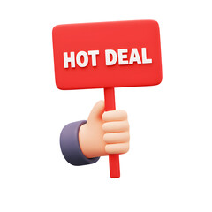 3D illustrator hot deal sign held by hand icon on transparency background for e-commerce, online marketing banner designs concept. 