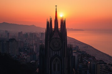 Fototapeta premium Dramatic sunrise over gothic church and cityscape.