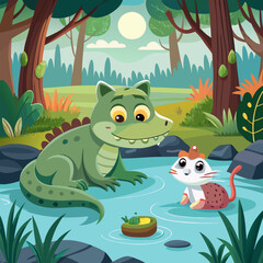 Naklejka premium Short Tale About a Crocodile Befriending a Bird – An Unlikely Friendship Story Illustration