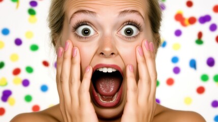 A surprised person with confetti overlay, expressing joy and excitement.