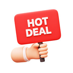3D illustrator hot deal sign held by hand icon on transparency background for e-commerce, online marketing banner designs concept. 