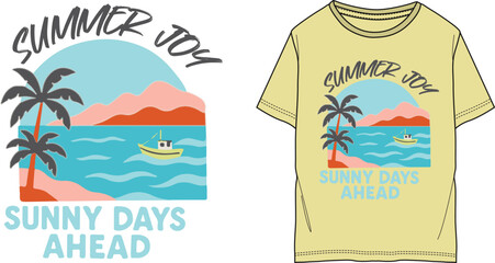 Retro Summer Vacation T-Shirt Graphic with Palm Trees and Boat