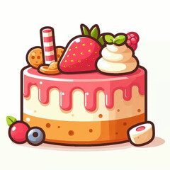 Cartoon cake with dripping icing topped with strawberry raspberry swirl of cream cookies and a striped stick