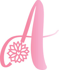 Pink cursive letter A with floral embellishment