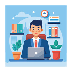 Cartoon Office Worker Illustration: Laptop, Files, Plants, Clock, and Cityscape