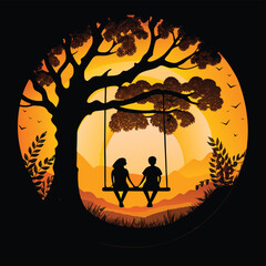 Romantic Couple on Swing Under Tree – Sunset Silhouette Art for Love and Nature Themes