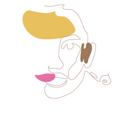 An abstract, minimalist line art illustration depicts a face in profile with subtle, colorful accents. A single continuous brown line outlines the features, complemented by a mustard yellow shape for 