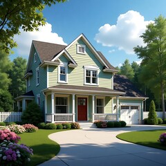 A picturesque, 3D rendering of a charming two-story, sage green house with a welcoming front porch and well-maintained landscaping.