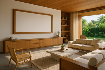 Tropical Open Concept Lounge with Framed Canvas and Natural Light