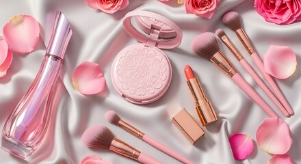 Flat lay of makeup products and pink roses on silky fabric.