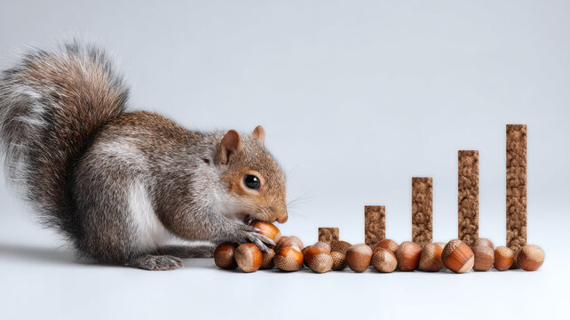 Squirrel organizing golden acorns into bar graphs to represent investment and financial planning