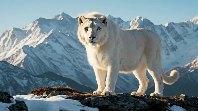 Majestic White Lion Standing Proudly Against Snowy Mountain Range Scenic Beauty
