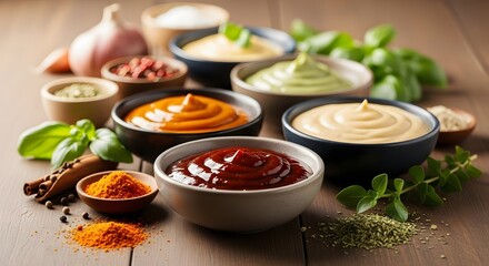 Assortment of sauces and spices in bowls on a wooden surface in a well lit environment