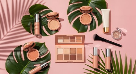 Flat lay of makeup products and tropical leaves