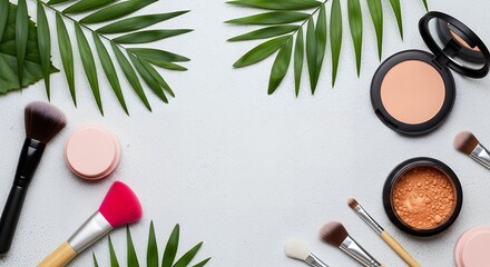 Makeup Brushes and Powder with Palm Leaves