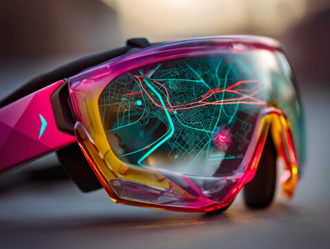 Colorful augmented reality glasses featuring digital navigation routes displayed on vibrant reflective lenses