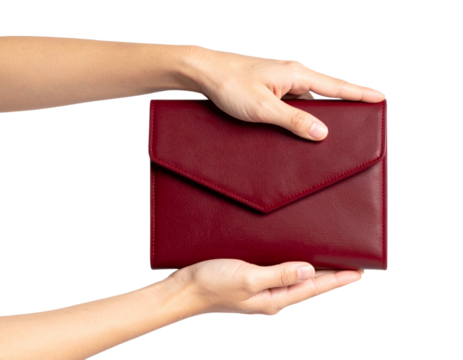 Leather Envelope Clutch Held by Female Hand, isolated on transparent background