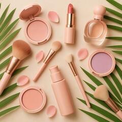 Pink Makeup Products with Green Leaves Flat Lay