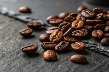 Naklejka premium Dark Roasted Coffee Beans Close-Up – Minimalist Coffee Ingredient Shot
